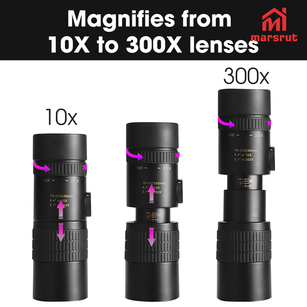 Zoom Lens for iPhone Android, 4K 10-300x40mm Compact Monocular Telescope Mini for Stargazing Space Lover Night Vision Bird Watching Hunting, Super Zoom Monoscope (Smartphone Holder&Tripod Included)