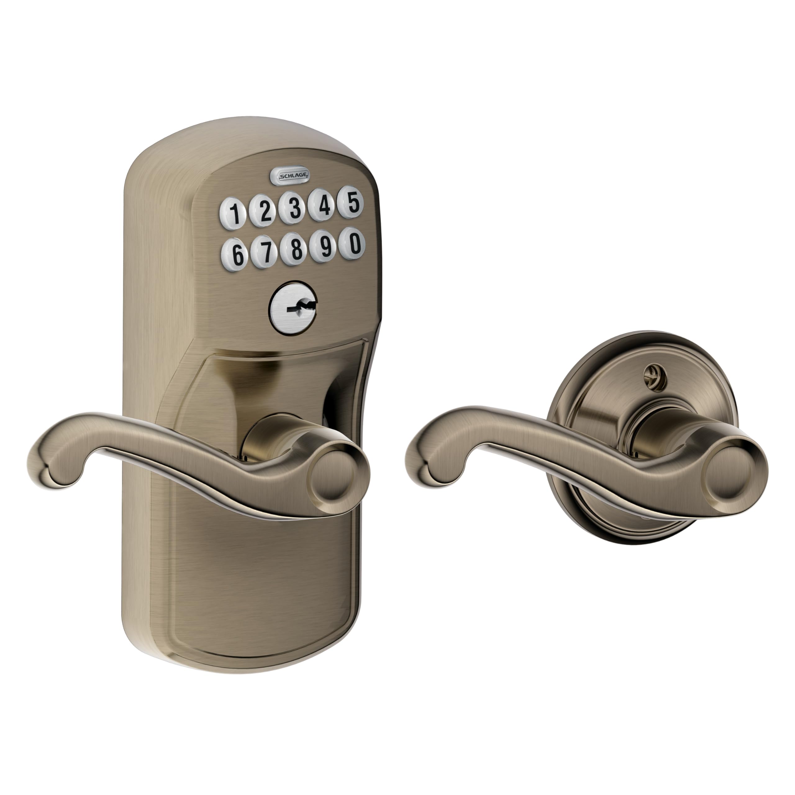 Schlage Plymouth Keypad Lock with Lever Handle, Electronic Keyless Door Entry, Auto‑Lock Enabled, Antique Pewter, FE575 PLY 620 FLA