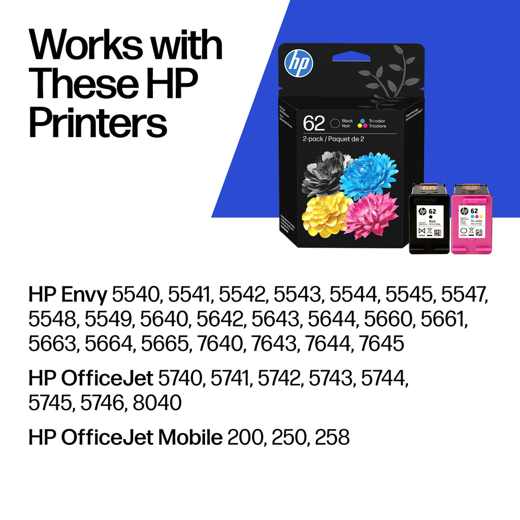 HP 62 Black/Tri-Color Ink Cartridges (2-Pack) | Works with Envy 5540, 5640, 5660, 7640, OfficeJet 5740, 8040, Mobile 200, 250 | N9H64FN | Packaging May Vary