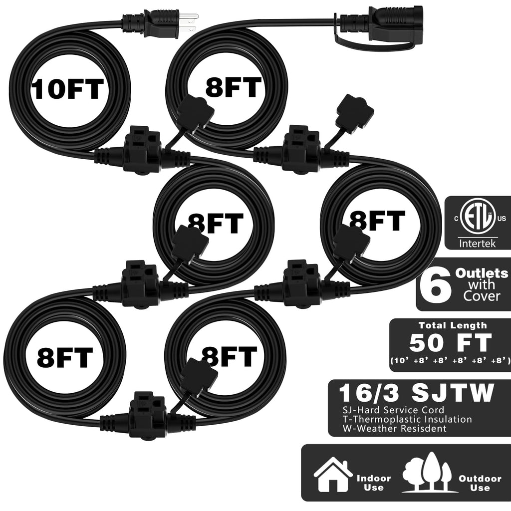 K KASONIC Outdoor Extension Cord 50 FT, Evenly Spaced 6 Outlets, Black