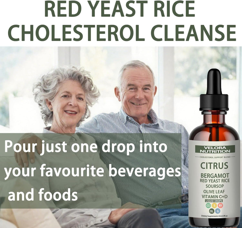 velora Red Yeast Rice Cholesterol Cleans Drops with Citrus, Bergamot, Red Yeast Rice, Soursop, Olive Leaf, Vitamin C+D, Natural, Non-GMO, Vegan 2 fl oz (2pcs)
