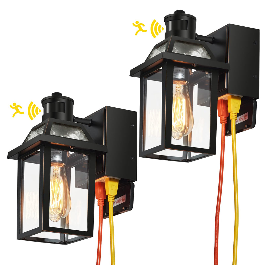Yisuro Porch Lights with GFCI Outlet, Dusk to Dawn Motion Sensor Outdoor Light, 3 Lighting Modes Exterior Fixture, Outside for House Front Door Patio Garage(2 Pack Black)