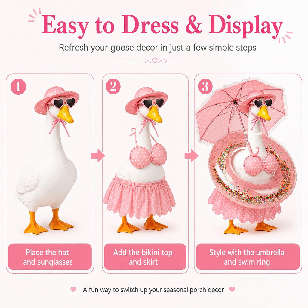 DaGailen Summer Porch Goose Outfits 23 Inch, Pink Polka Dot Porch Goose Bikini Set with Parasol Umbrella, Swim Ring, Sun Hat and Heart Sunglasses, Porch Goose Accessories for Yard Garden Patio Decor