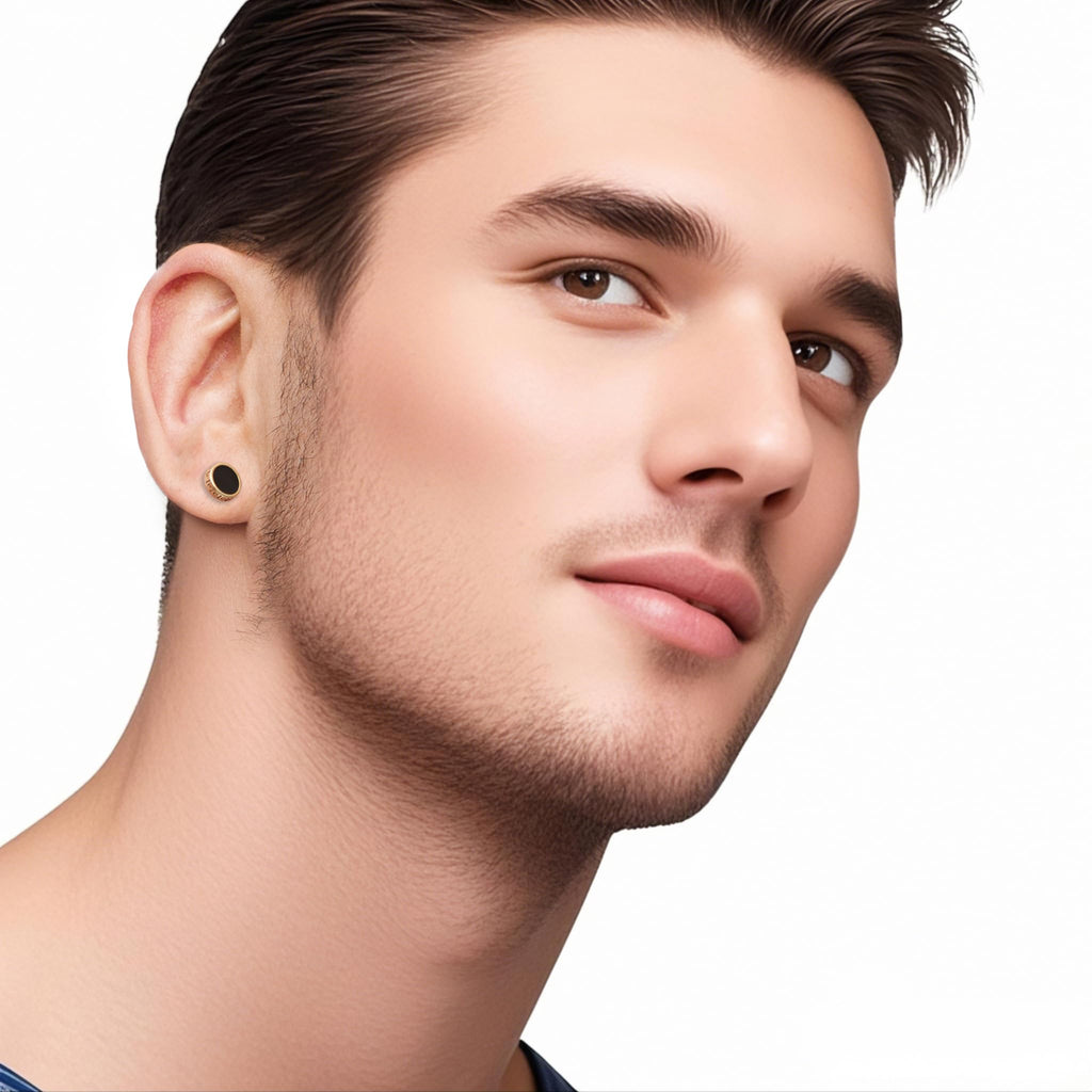 2026 Upgraded Hypoallergenic earrings for men,Mens surgical steel black stud earring jewelry,Great Wall wall grain round cake shape,Single black gel 0.4 inches wide