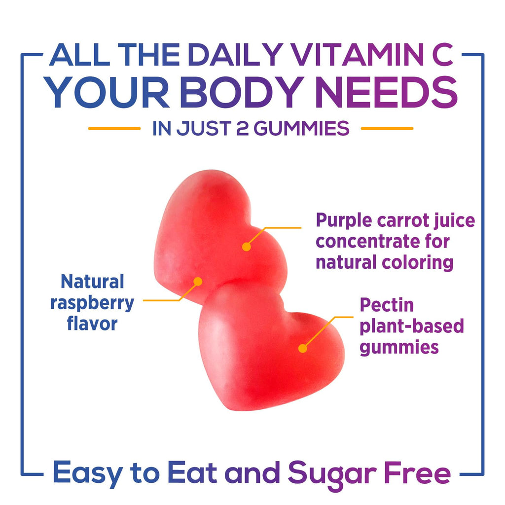 Vitamin C Gummies - 100% of Daily Vitamin C & Sugar Free - Immune Support with Powerful Antioxidants - Nature's Vegan VitaminC Dietary Supplement - Raspberry Flavor for Kids & Adults - 120 Gummies