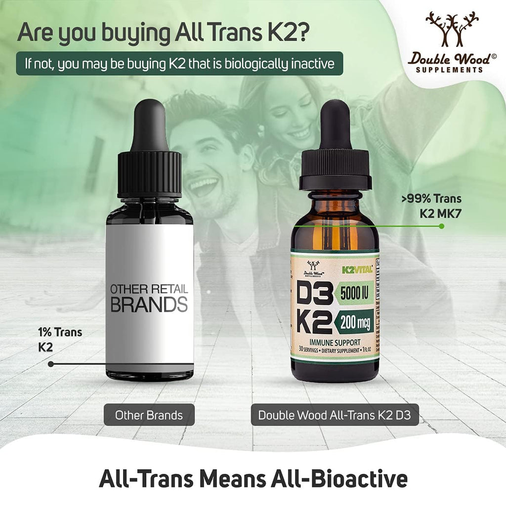 Vitamin D3 K2 5,000 IU Liquid Drops (5,000 IU of D3 and 200mcg of 99.9% All-Trans Patented K2 MK-7 (K2Vital)) Max Absorption Liquid Vitamin D Drops (30 Servings) by Double Wood (Pack of 2)
