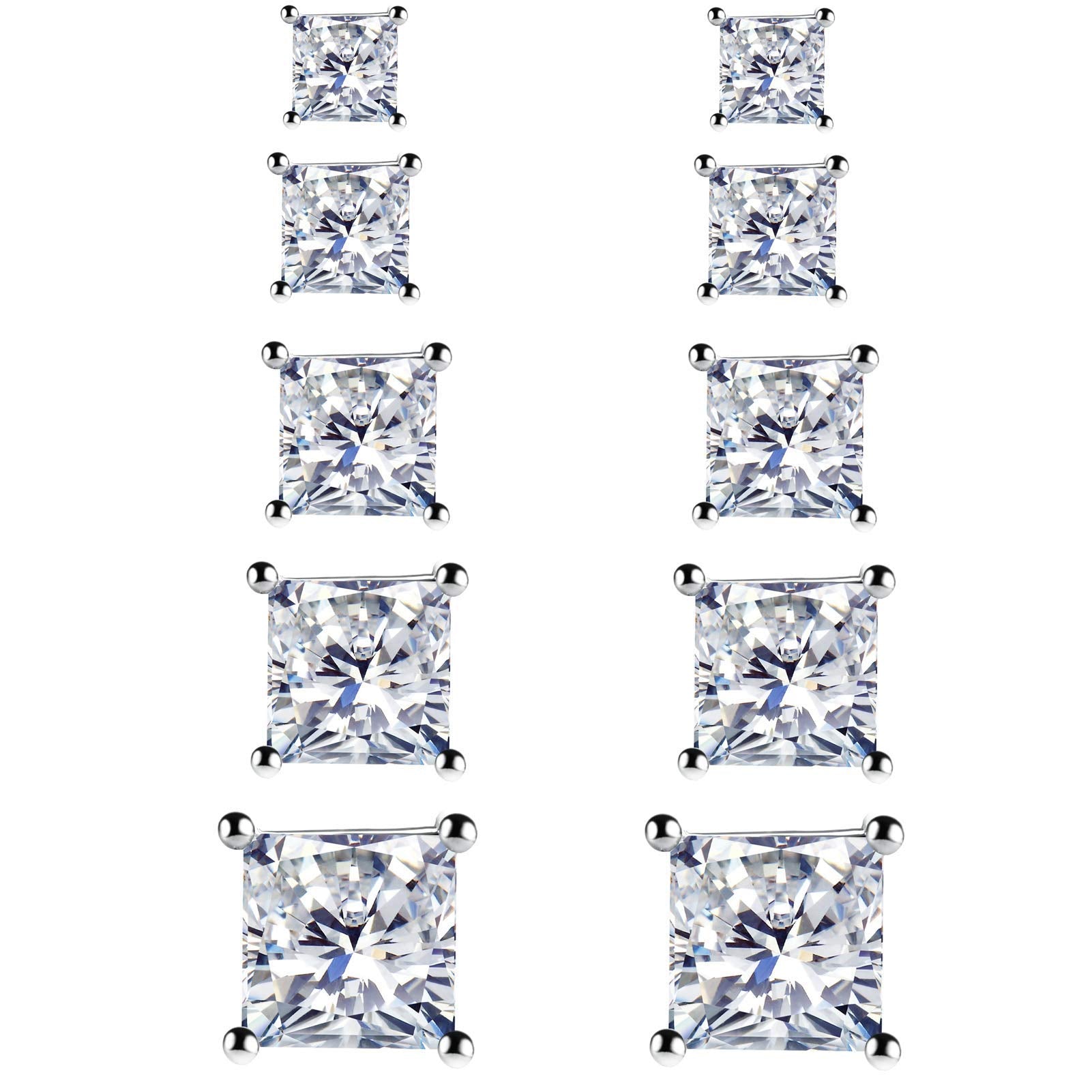 5 Pairs 925 Sterling Silver Square Stud Earrings for Women Men 3 4 5 6 7mm