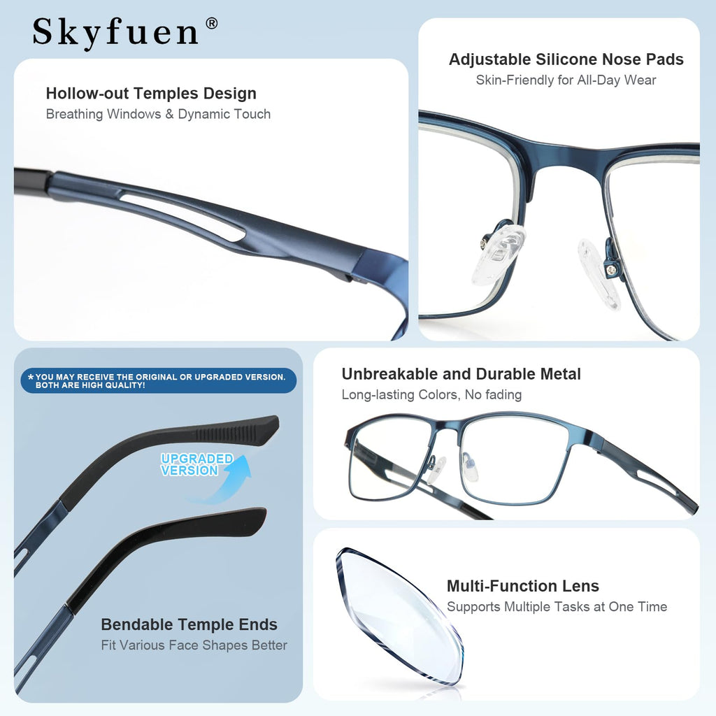 SKYFUEN Unbreakable Progressive Reading Glasses Men Multifocus Metal Full Frame, Blue Light Blocking/UV400 Protection Computer Readers with Durable Flexible Spring Hinges(Gunmetal+Navy Blue, +2.50)