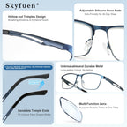 SKYFUEN Unbreakable Progressive Reading Glasses Men Multifocus Metal Full Frame, Blue Light Blocking/UV400 Protection Computer Readers with Durable Flexible Spring Hinges(Gunmetal+Navy Blue, +1.50)