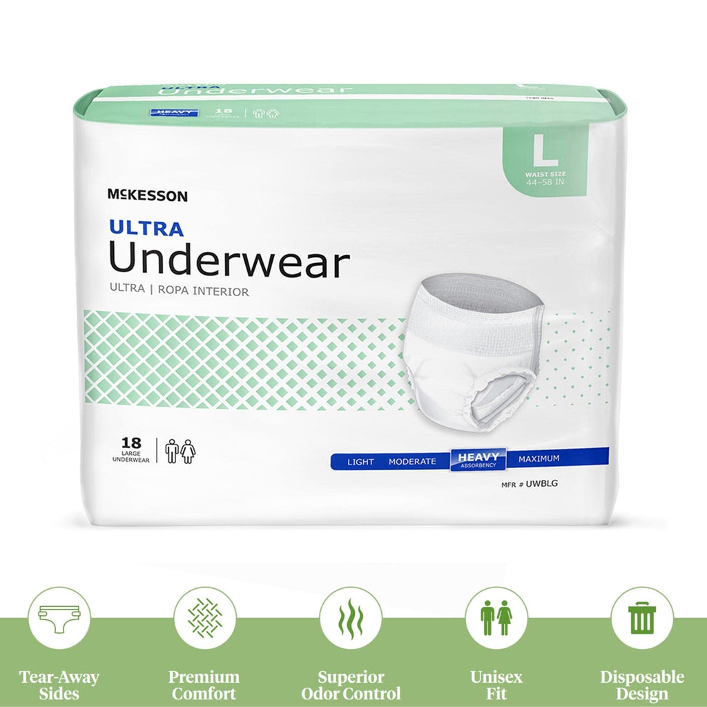 McKesson Ultra Adult Incontinence Underwear, [72 Count], Heavy Absorbency, Large, 44-58 in. Unisex Bladder Leak Protection, Pull-On Style with Tear-Away Sides, Postpartum and Incontinence Support