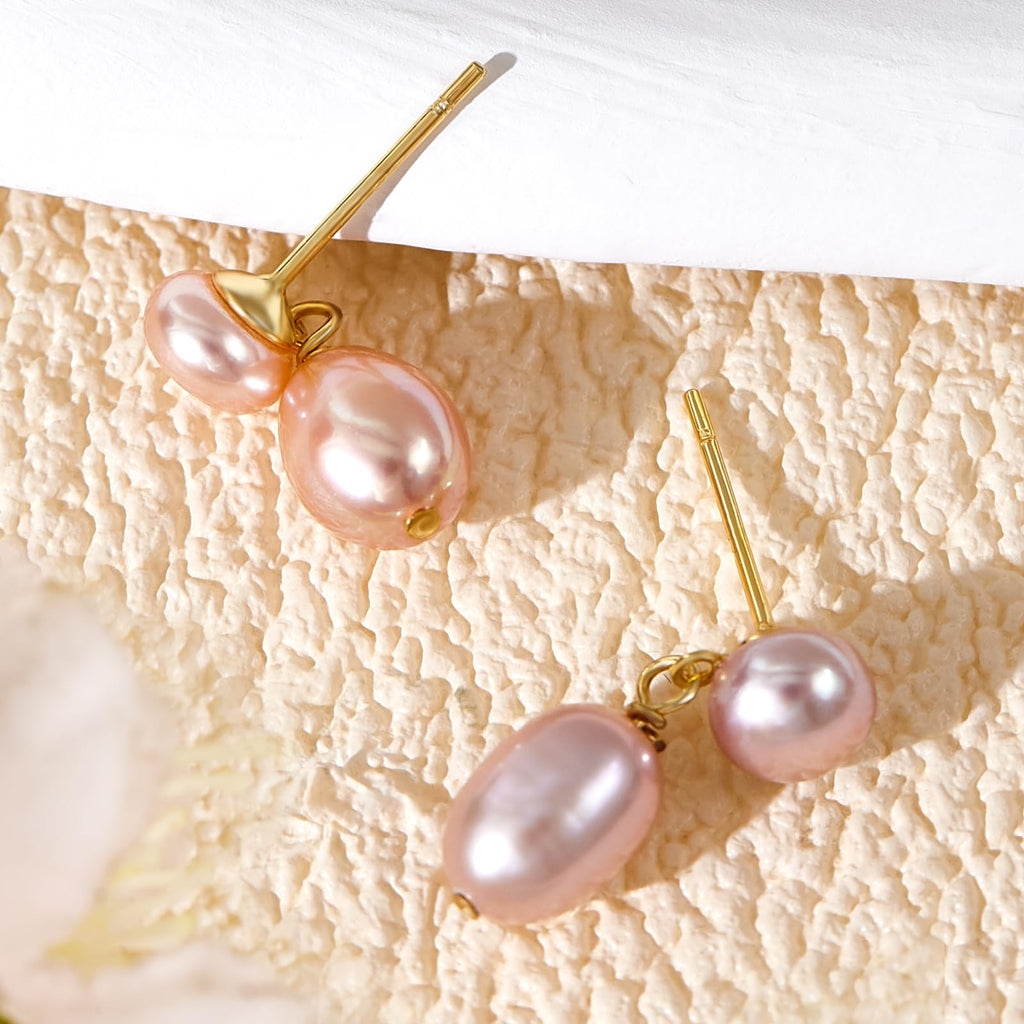 Mini Pearl Drop Earrings for Women - Petite Pink Double Pearl Studs (5mm Top + 10mm Drop), Real Freshwater Cultured, S925 Silver Hypoallergenic Post, 18K Gold Plated Dainty Jewelry