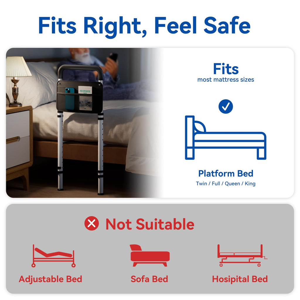 Josmimic Bed Rails for Elderly Adults Safety - Height Adjustable Bedrail with Storage Pocket and Non-Slip Handle Bar for Getting in&Out of Bed, Hold up to 300LBs - Fits Twin Full Queen King,Black