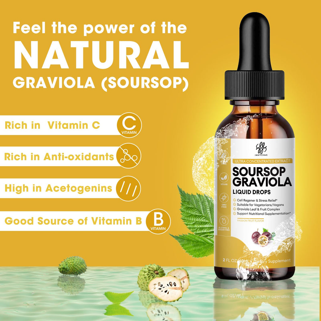 iMATCHME Premium Soursop Graviola for Digestion, Support Healthy Skin & Sleep, Soursop Extract Liquid Drop from Graviola Leaf and Fruit, Sugar/Caffeine/Gluten Free, Passion Fruit Flavor, 2 Fl Oz