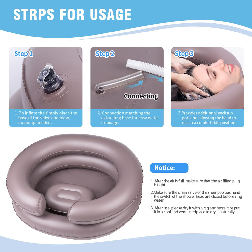 Portable Inflatable Hair Washing Basin for Bedridden - Wash Hair in Bed with Inflatable Shampoo Bowl.For Elderly,Disabled,Injured,Ideal Inflatable Sink for Locs Detox (Brown, 18in Inner)