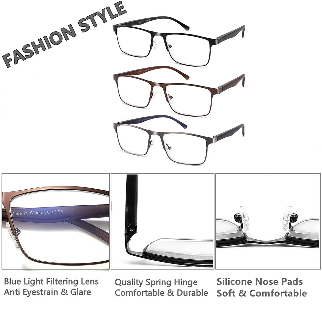 CRGATV 3-Pack Reading Glasses for Men Blue Light Filtering Full Frame Metal Readers Anti Uv/Eye Strain/Glare (+2.5 Magnification Strength)