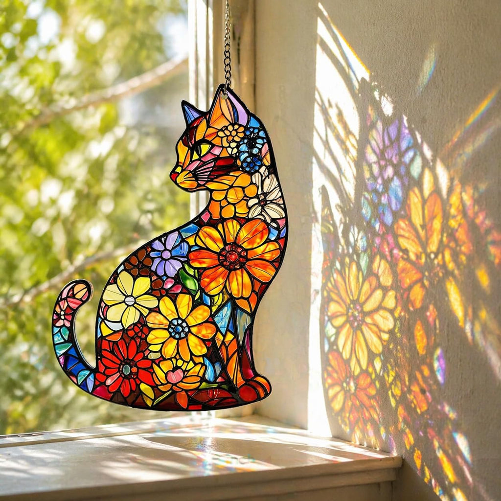 Cat Stained Glass Window Hanging Ornament Gift for Cat Lovers Mom 8 Inch