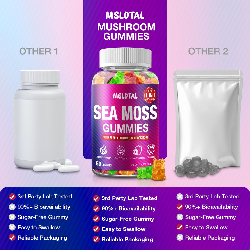 MSLOTAL Irish Sea Moss Gummies with Black Seed Oil, Ashwagandha Bladderwrack and Burdock Root, Organic Sea Moss Gummies for Women and Men with Shilajit, Immune Support, Vegan, 120 Gummies Totalss