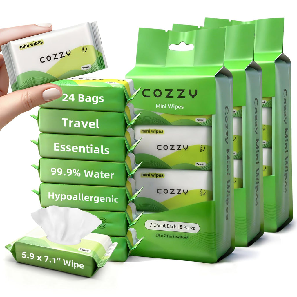 COZZY Ultra-Compact Mini Travel Wipes - Gentle & Skin-Friendly, Unscented, Alcohol-Free, Paraben-Free - Ideal for Adults, Kids & Babies - 24 Packs (168 Total Wipes)