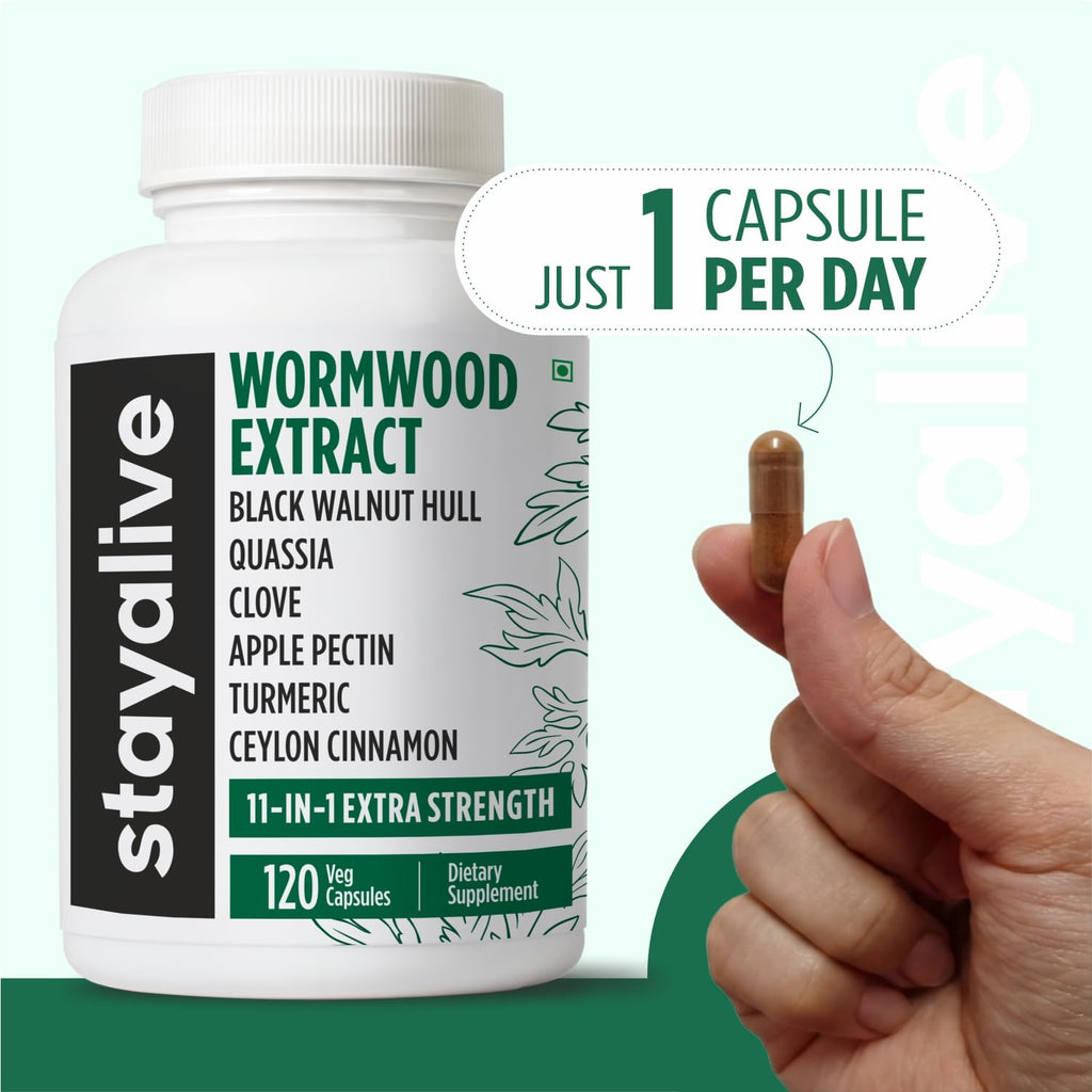STAY ALIVE Wormwood Black Walnut Clove Cleanse Extract, 11-in-1 Extra Strength Complex, 120 Pills, Herbal Supplement for Adults, Vegan, Non-GMO & Gluten Free Sweet Wormwood Capsules
