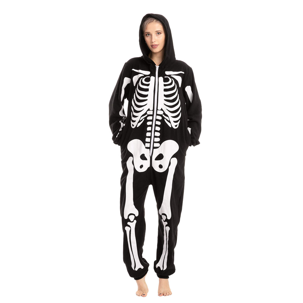 Spooktacular Creations Halloween Skeleton Costume, Adult Skeleton Costume, Unisex Adult Jumpsuit Plush Hoodie Zipper Jumpsuit for Men Women Halloween Dress-up Cosplay Themed Parties Black