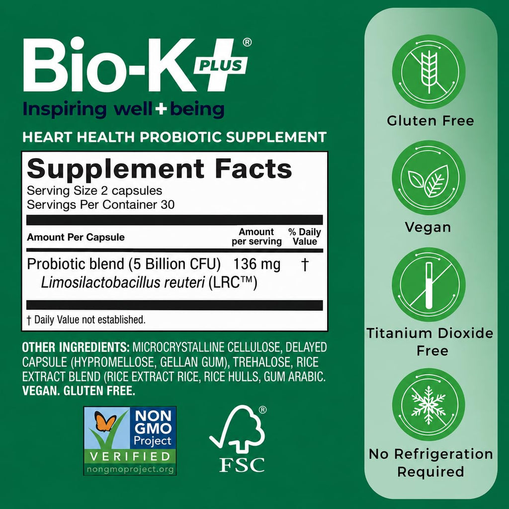 Bio-K+ Probiotics for Heart Health with Limosilactobacillus reuteri LRC – Heart Health Probiotic for Cardiovascular Support, 5 Billion CFU, Vegan, Shelf-Stable – 60 Capsules