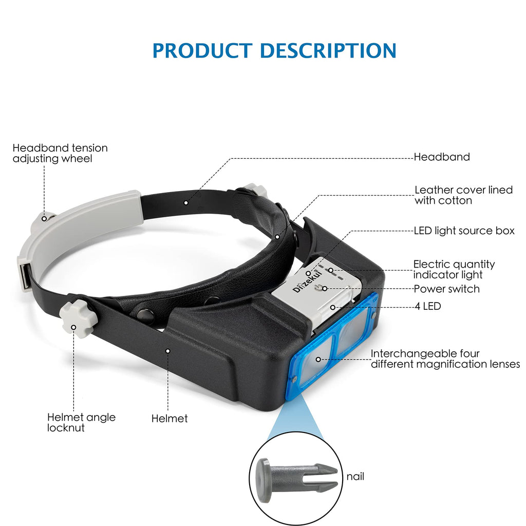 Dilzekui Headband Magnifier with LED Light, Rechargeable Head Mount Magnifier 1.5X to 3.5X, Opitcal Magnifying Glass with Lens, Jewelers Optivisor Hobbies Visor Manifying Glasses for Close Work