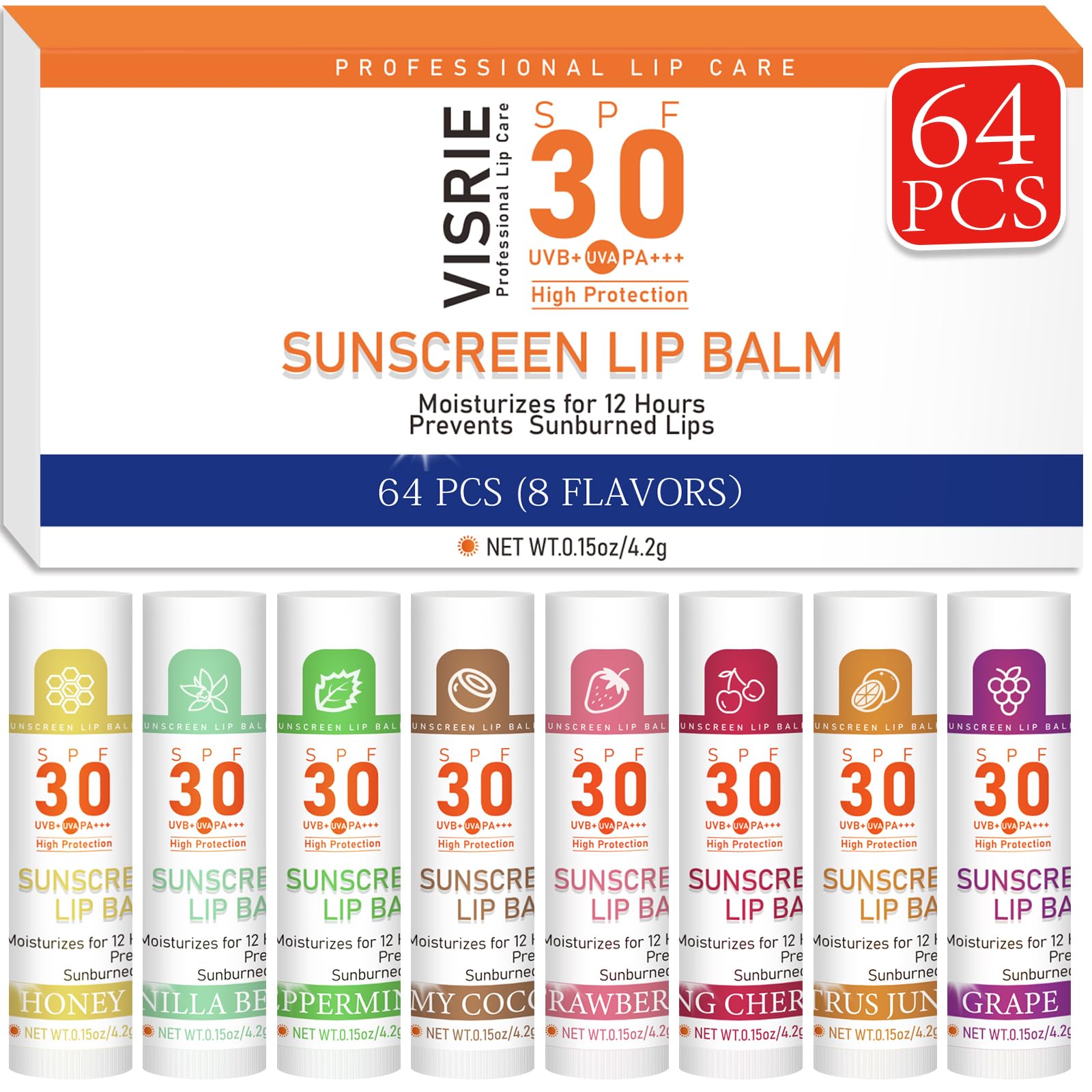 SPF 30 Sunscreen Lip Balm, Bulk Travel Size-64 Pack, Hydrating with Vitamin E & Coconut Oil- 8 Flavors