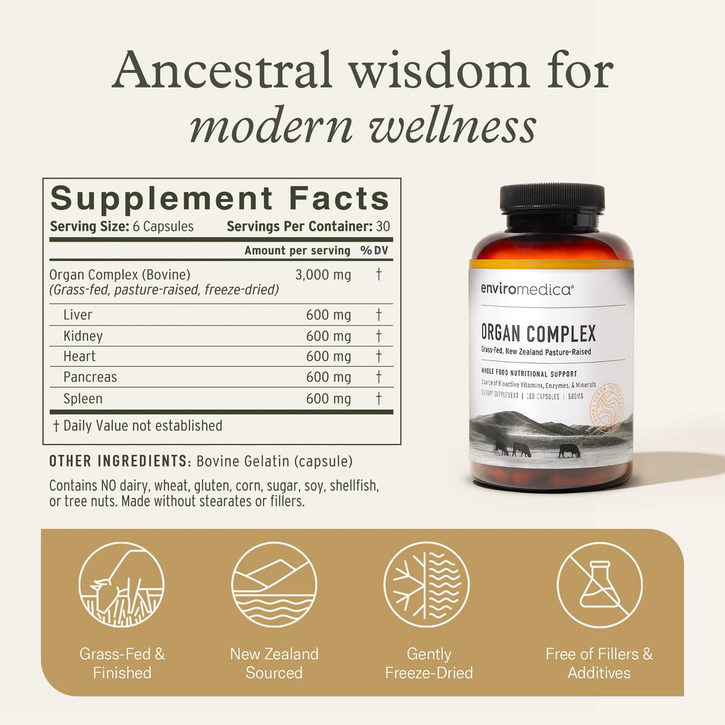 Enviromedica Grass-Fed Organ Complex: Freeze-Dried Beef Liver, Kidney, Heart, and Pancreas (180 ct)