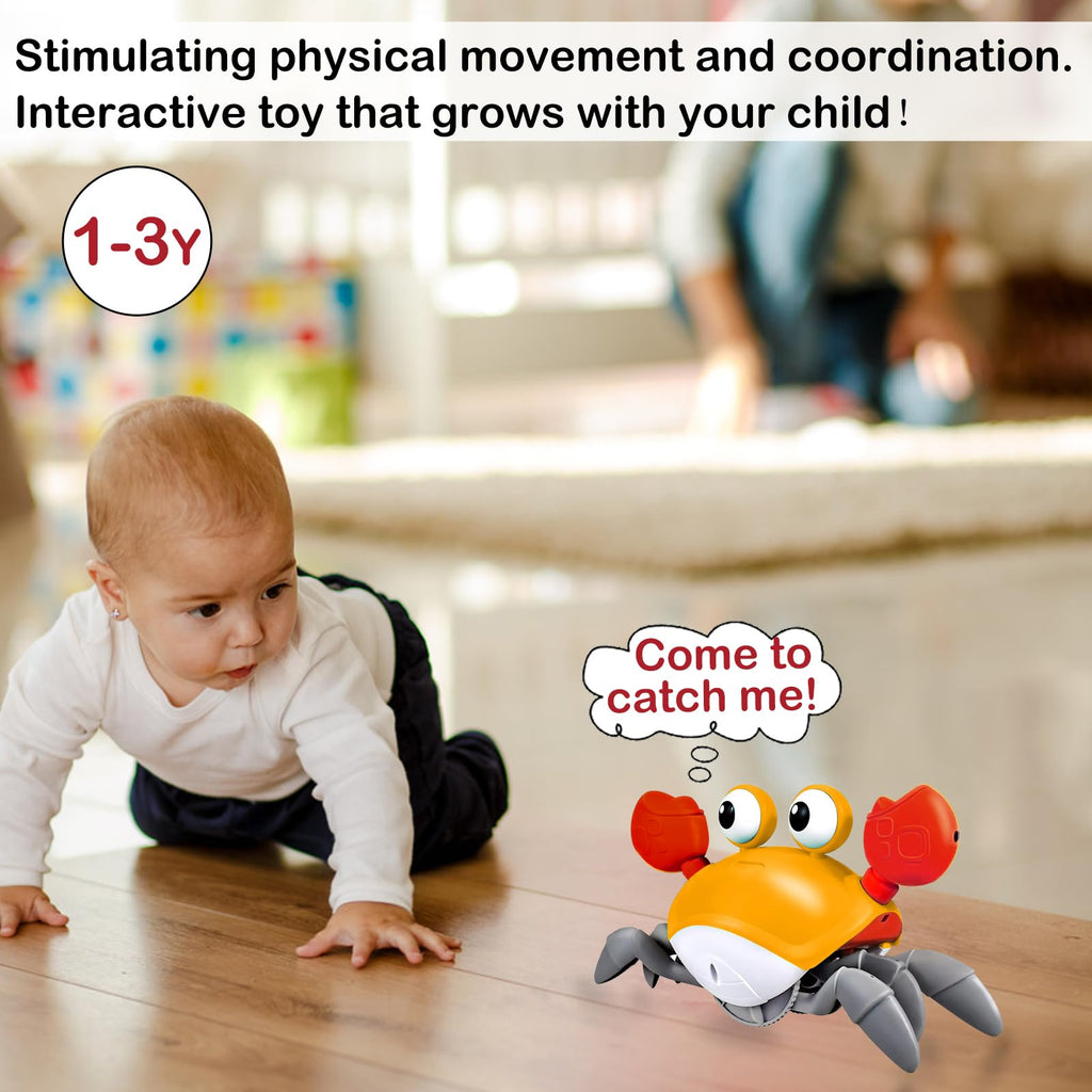 Plnmlls Crawling Crab Baby Toy - Tummy Time Toys-with Music and LED Light,Built-in Rechargeable Battery and Volume Can be Turned Off for 0-6 6-12 12-18 36 Months Walking Toddler Birthday Gift(Orange)
