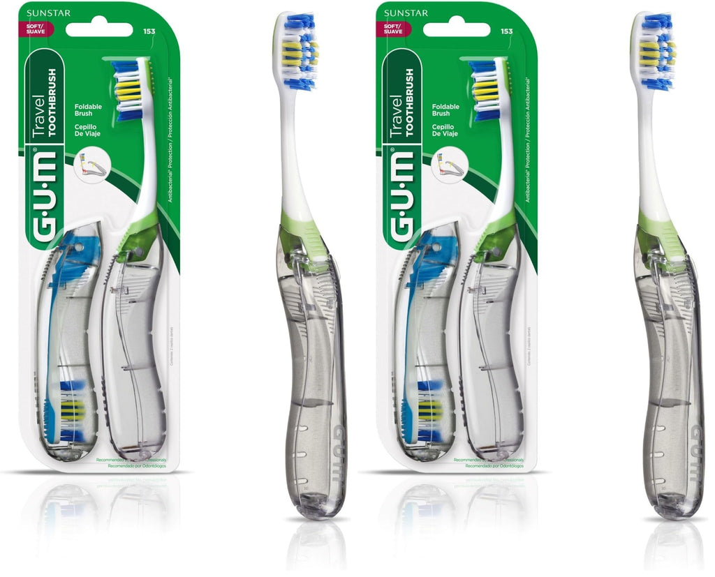 GUM Folding Travel Toothbrush, Compact Head + Tongue Cleaner, Soft Bristled Travel Toothbrushes for Adults, 2ct (Pack of 2)