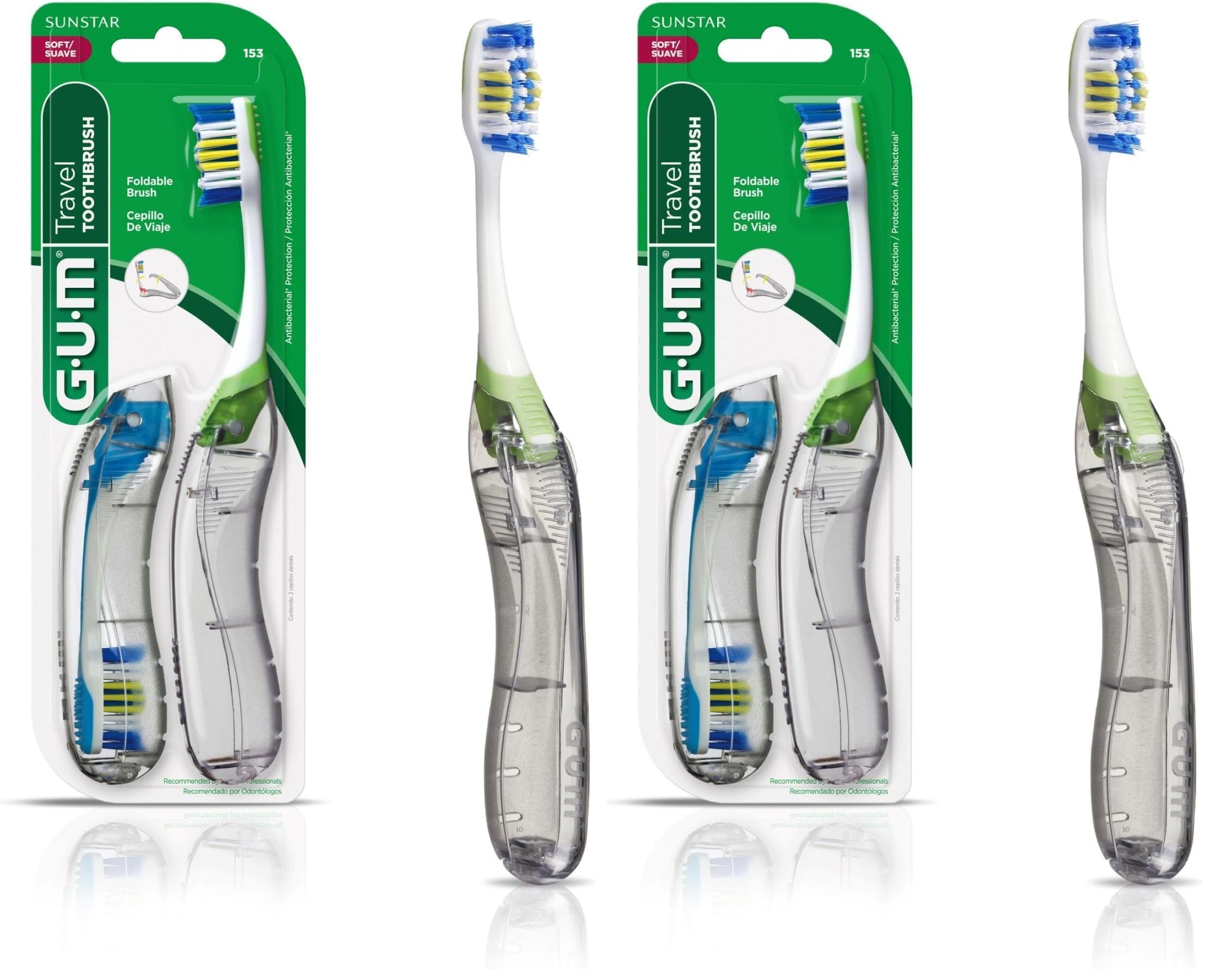 GUM Folding Travel Toothbrush, Compact Head + Tongue Cleaner, Soft Bristled Travel Toothbrushes for Adults, 2ct (Pack of 2)