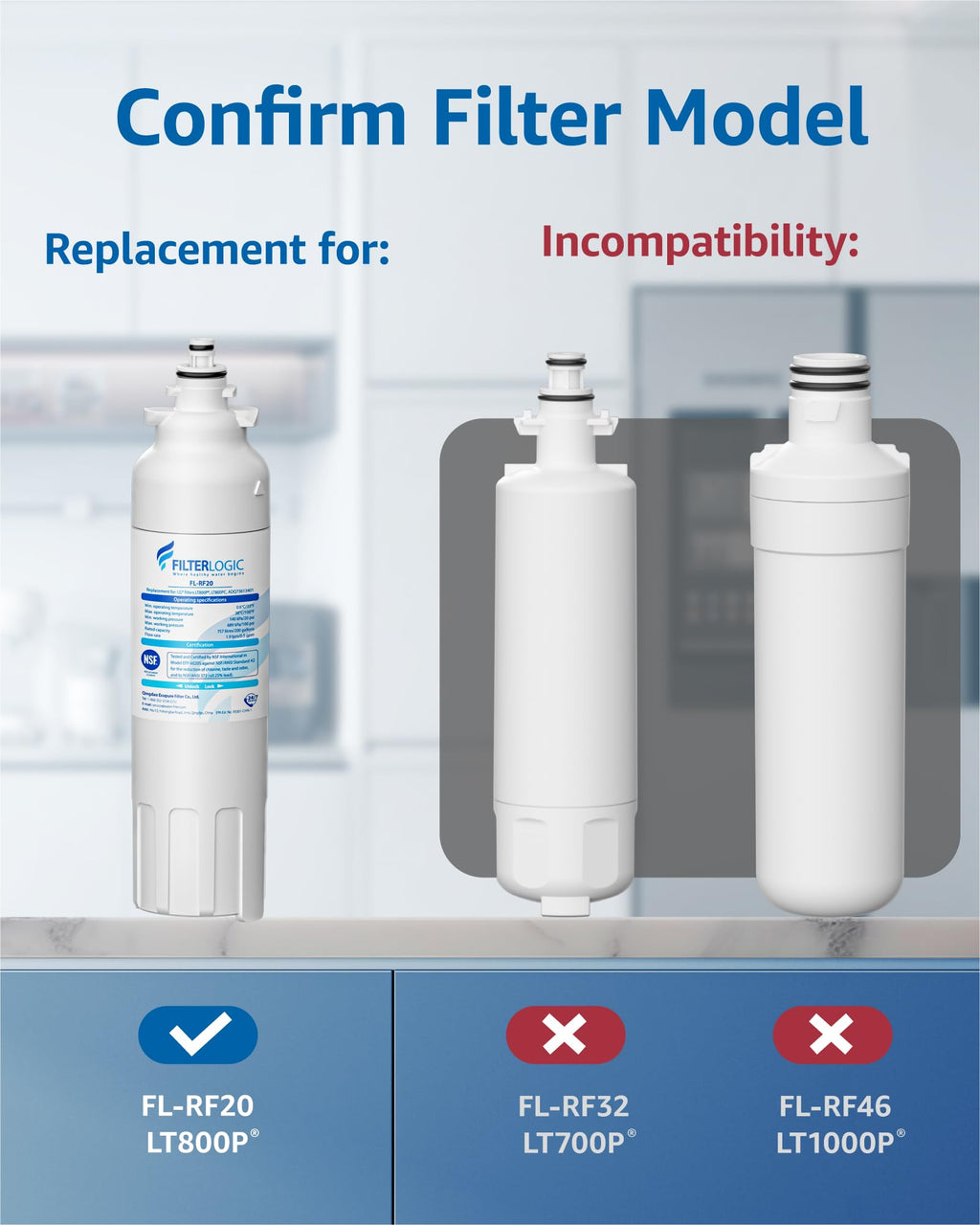 Filterlogic ADQ73613401 Refrigerator Water Filter, Replacement for LG® LT800P®, LT800PC, ADQ736134, ADQ73613402, LSXS26326S, LSXS26366S, LMXS30776S, LSXS26366D, LMXC23746S, 46-9490, 469490, Pack of 2