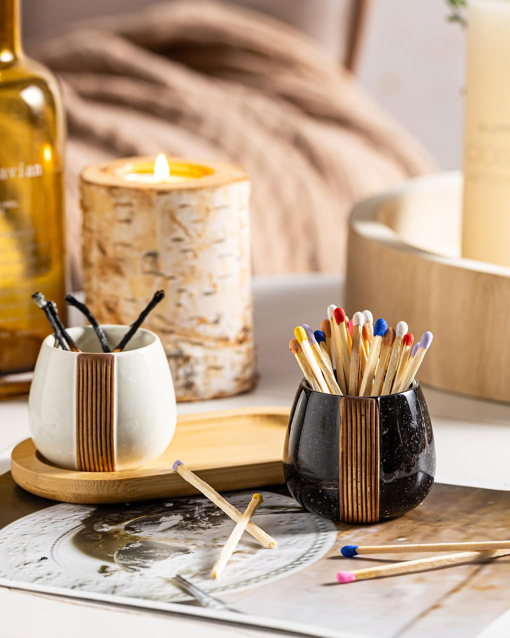 Zoeeker Ceramic Match Holders with Striker - Matchstick Container Set of 2 with Tray for Christmas Bathrooms, Cafes & Modern Homes - Matches NOT Included, Black and White