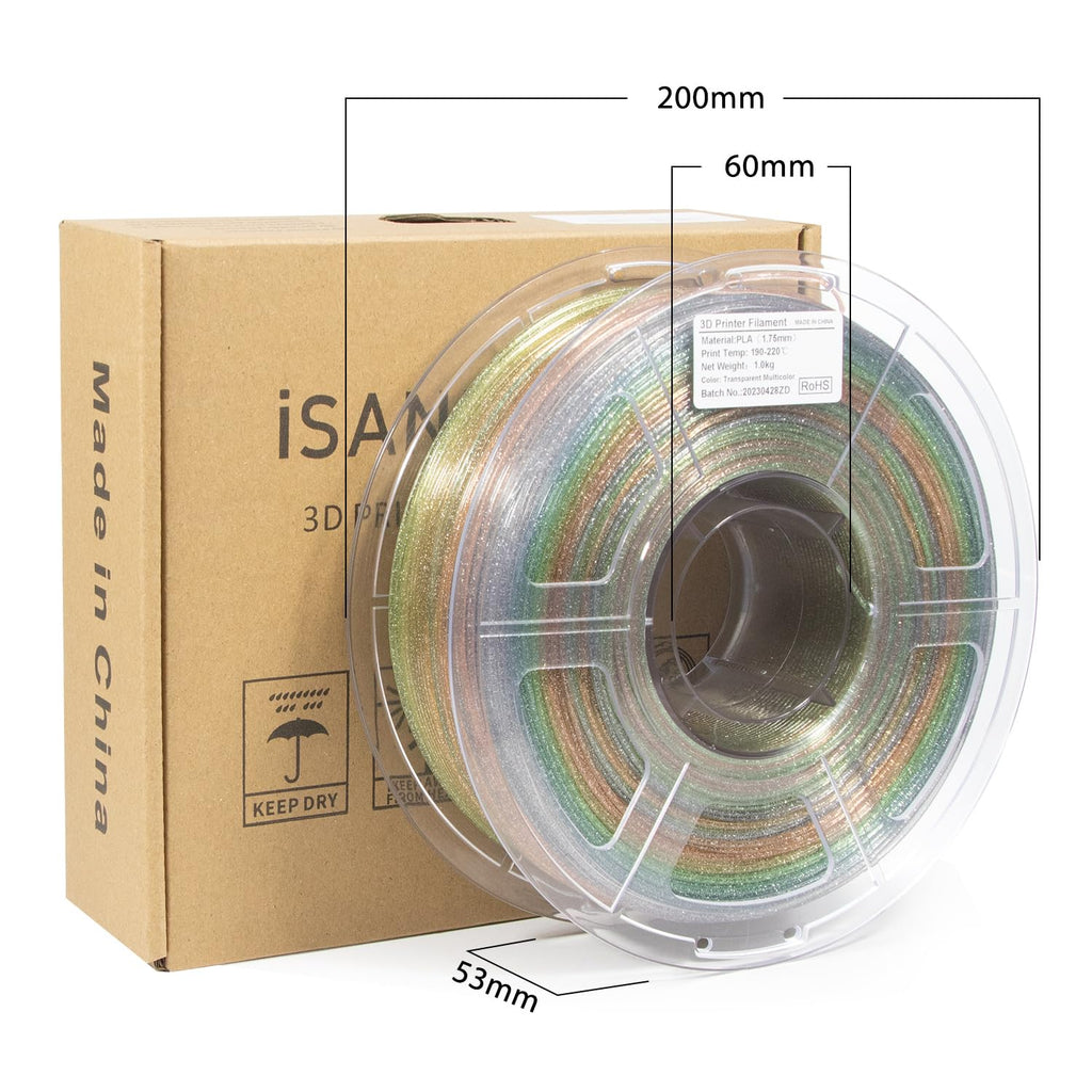 iSANMATE Clear PLA 3D Printer Filament, Transparent Rainbow Glitter Filament, PLA+, 1KG/Spool