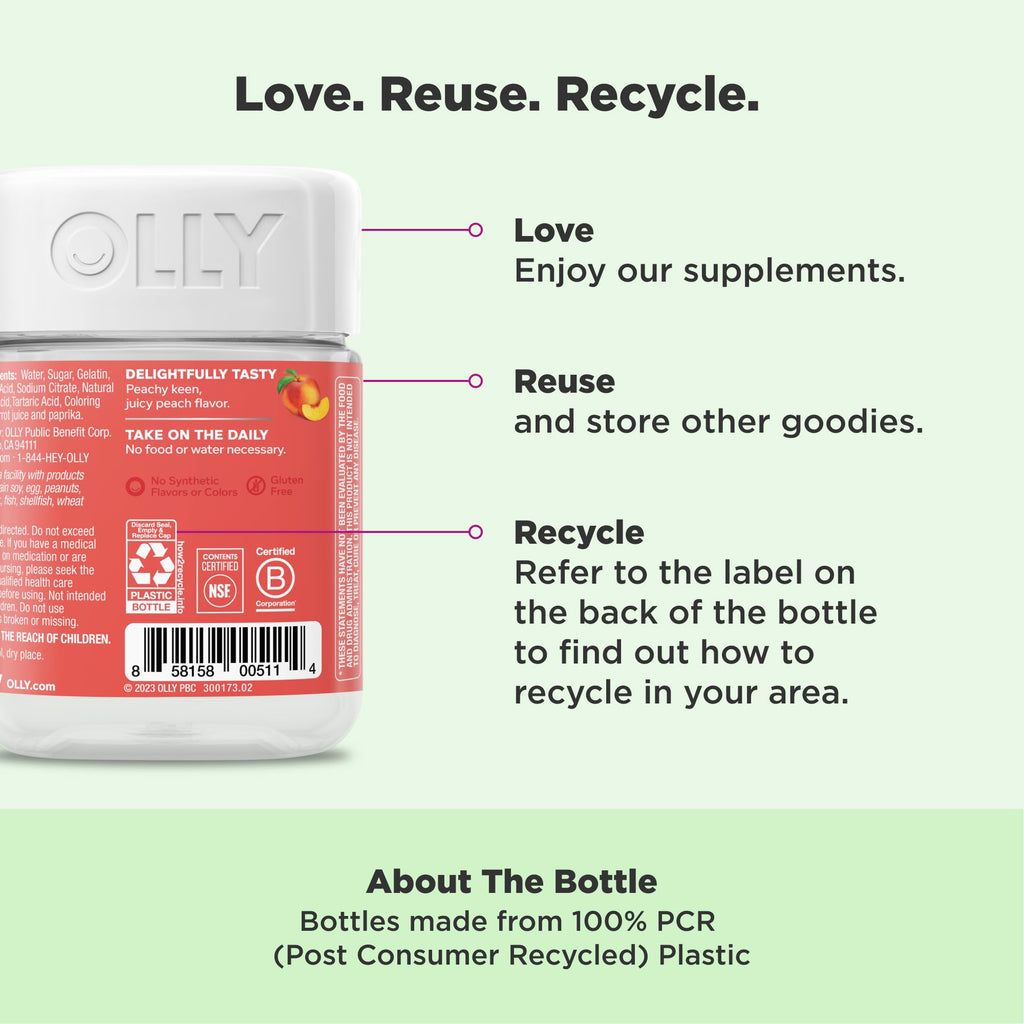 OLLY Probiotic + Prebiotic Gummy, Digestive Support and Gut Health, 500 Million CFUs, Fiber, Adult Chewable Supplement for Men and Women, Peach, 30 Day Supply - 30 Count (Pack of 12)