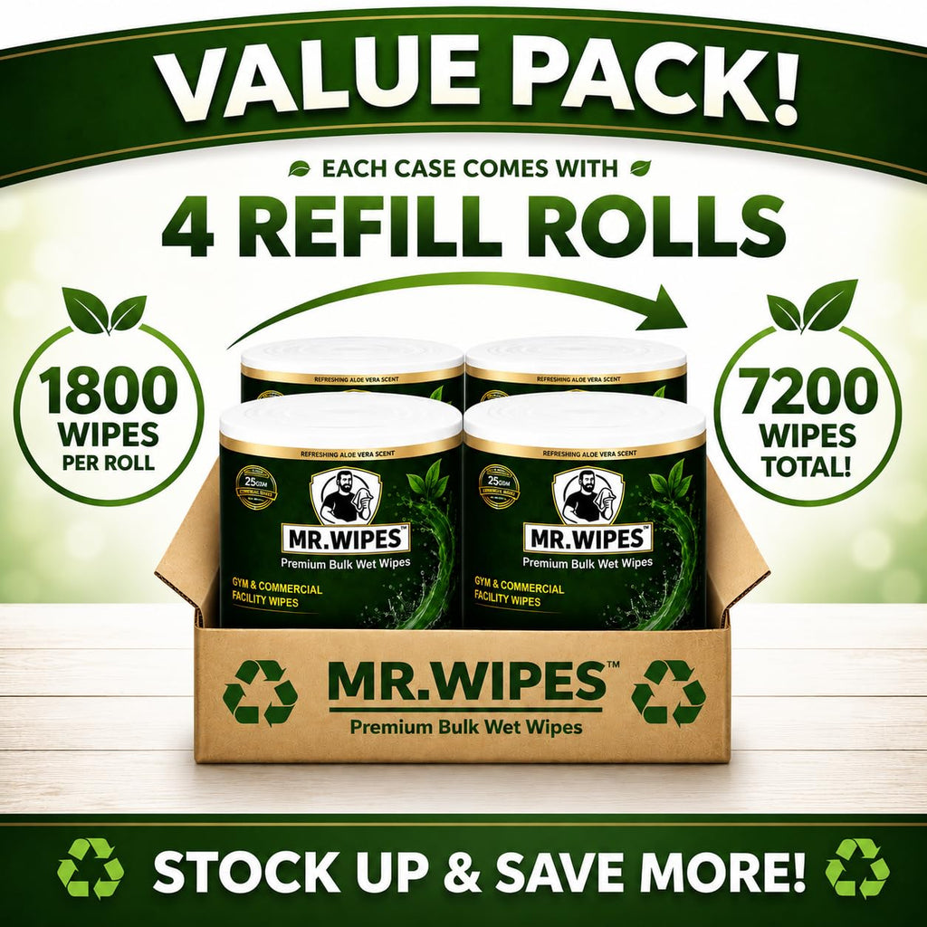 MR. WIPES Premium Bulk Wet Wipes – 1800 Count per Roll (4 Rolls), Gym & Fitness Equipment, Commercial Use, 8" x 6" Sheet, Value Series 25 GSM