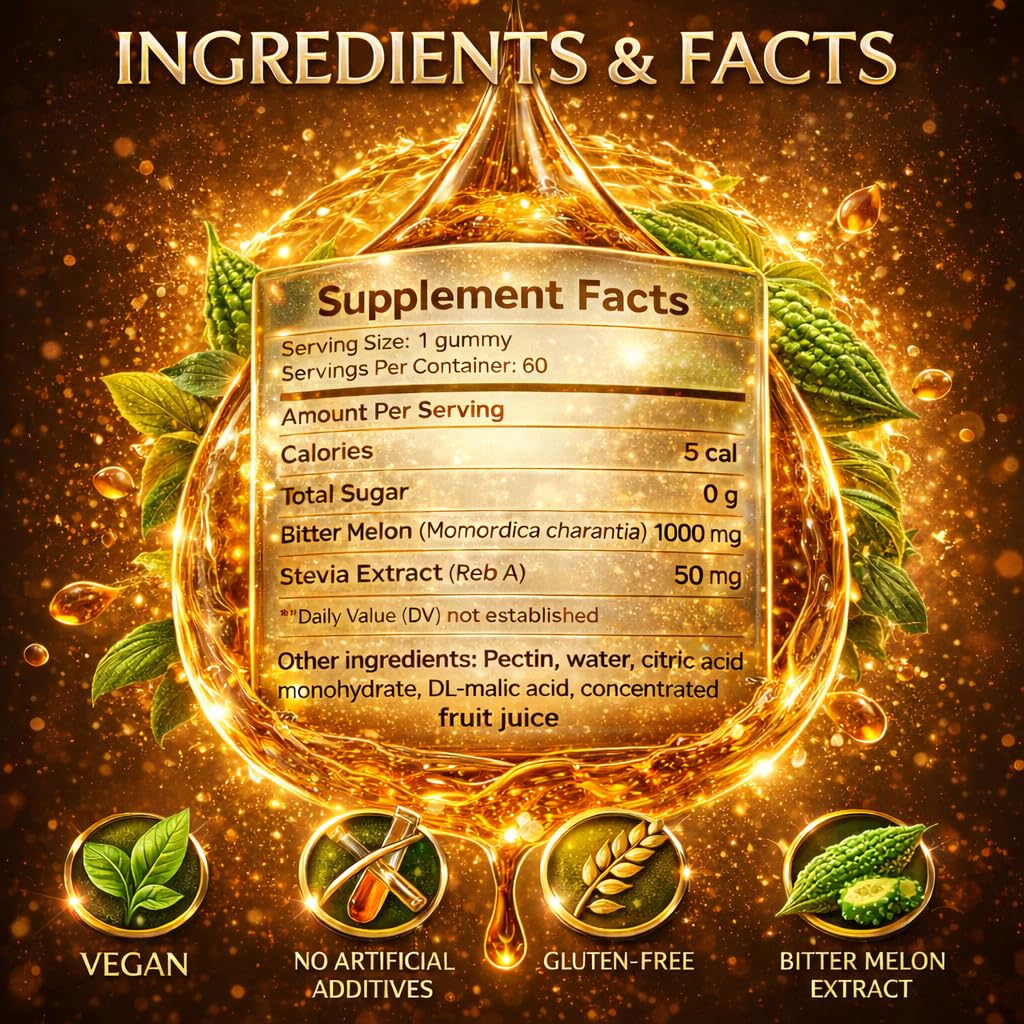 MYRELI Bitter Melon Supplement 1000mg - Vegan Gummies with Momordica Charantia Fruit, Natural Glucose Function Support, Gluten-Free, Soy-Free, Sugar-Free, Non-GMO Formula, 60 Plant-Based Chewables