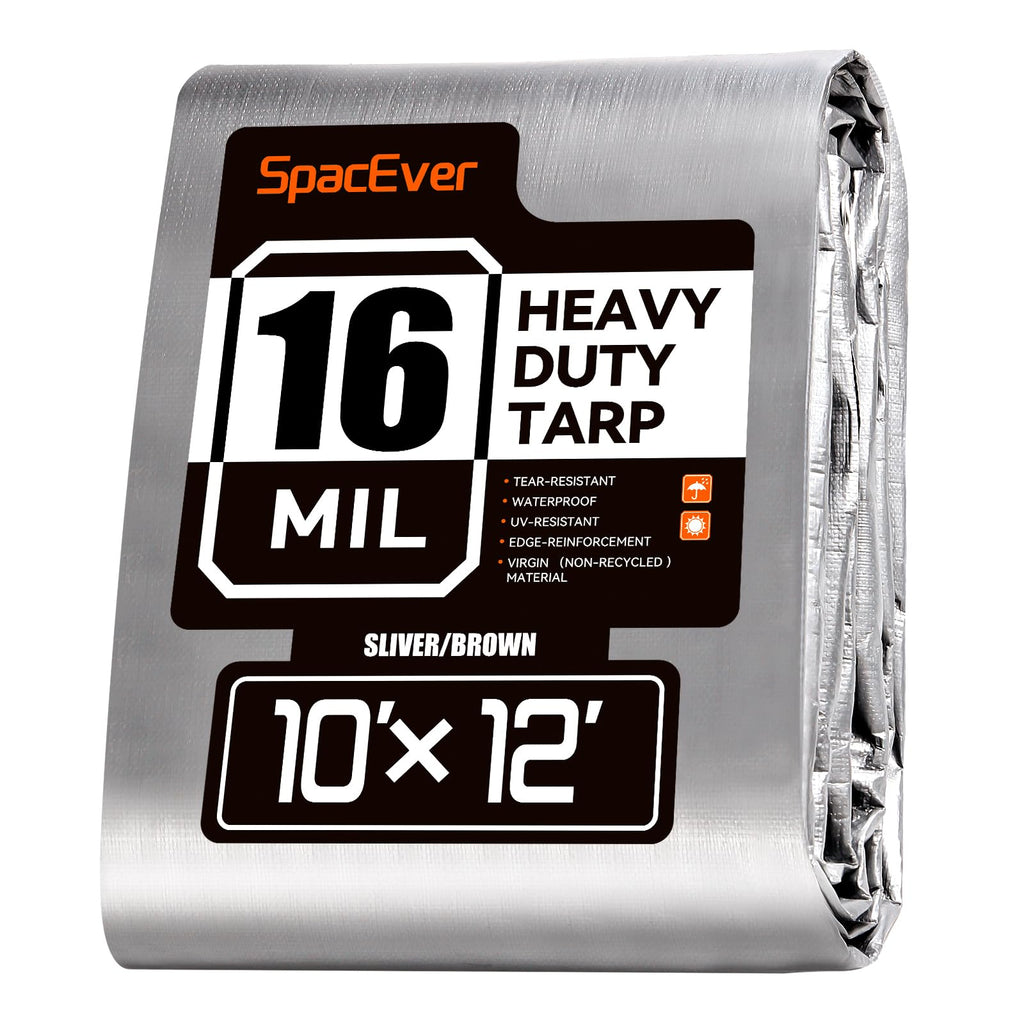 SpacEver 10x12 FT Tarp Waterproof, 16 Mil Tarps Heavy Duty Waterproof Multipurpose Protective Cover UV Resistant Rip & Tear Resistant with Grommets Reversible for Home Boats Cars Camping