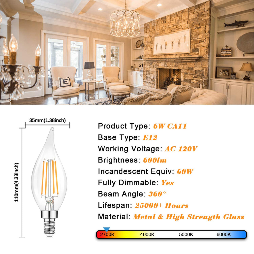 Dimmable E12 Candelabra LED Bulbs 60 Watt Incandescent Equivalent, 2700K Warm White, Clear Filament LED Chandelier Light Bulbs 6W, 600lm, CA11 Vintage Ceiling Fan Light Bulb with Flame Tip, 12-Pack