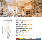 Dimmable E12 Candelabra LED Bulbs 60 Watt Incandescent Equivalent, 2700K Warm White, Clear Filament LED Chandelier Light Bulbs 6W, 600lm, CA11 Vintage Ceiling Fan Light Bulb with Flame Tip, 12-Pack