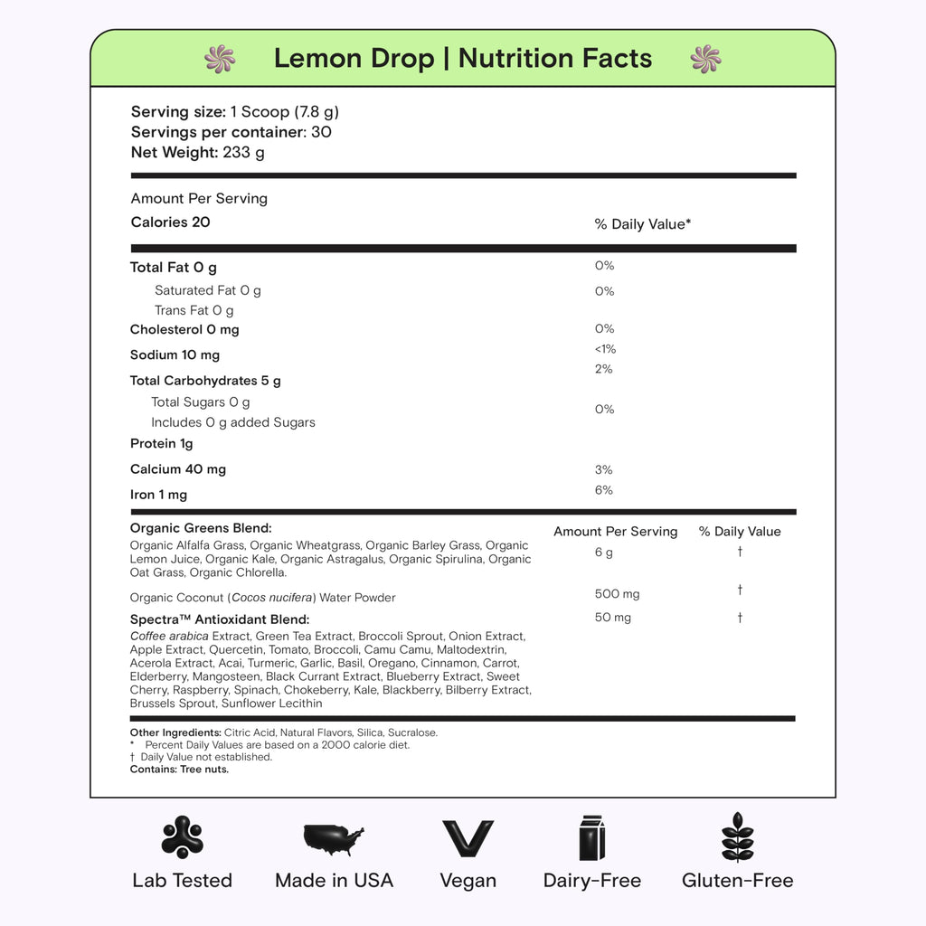 Kiala Nutrition Super Greens, Organic Greens Powder with Spirulina & Chlorella for Digestion, Gut Health, Immunity, Adaptogens, Energy, Gluten Free, Vegan, Sugar Free, Lemon Drop, 30 Servings