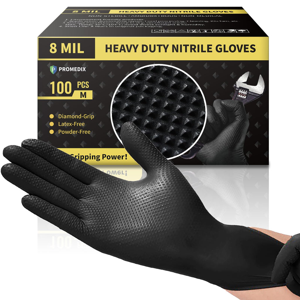 PROMEDIX P Heavy Duty Nitrile Gloves with Diamond Texture 8 Mil Non-Medical Disposable Glove Latex Free Powder Free Industrial -Black,L