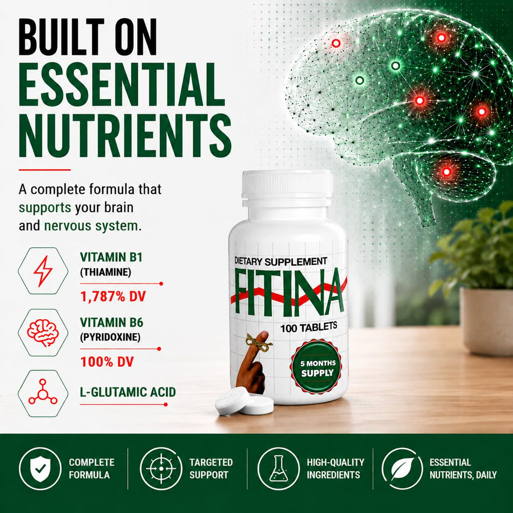 Fitina Brain Supplements for Memory and Focus with Vitamin B6 & Thiamine — High-Dose B Vitamins Nervous System and Cognitive Health Support, Daily Supplement Formula for Adults, 100 Tablets (2-Pack)