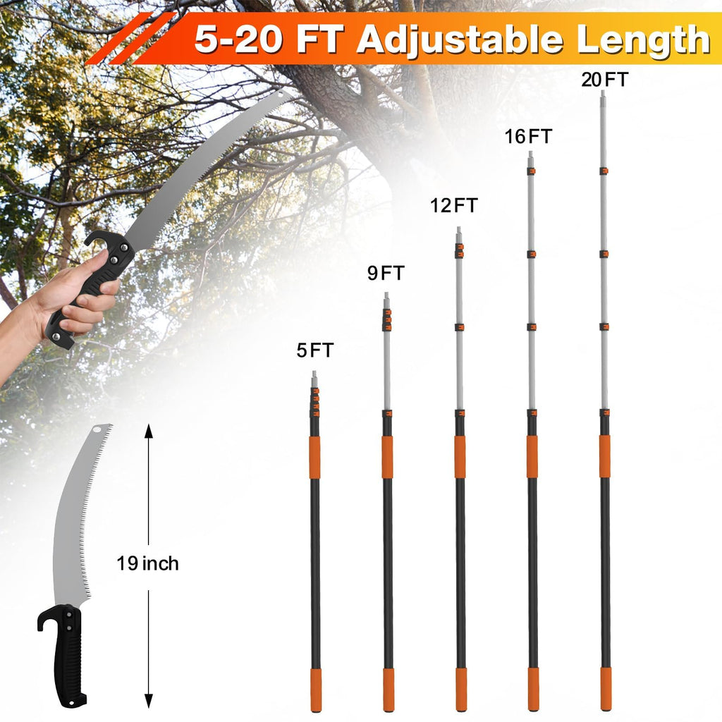 AgiiMan 26FT Reach Pole Saws for Tree Trimming, Pole Saw with 5-20FT Telescoping Extension Pole, Pruning Saw with 19" 3X Detachable Saw, Non-Slip Handle, Tree Trimmer for Garden Palms Shrubs
