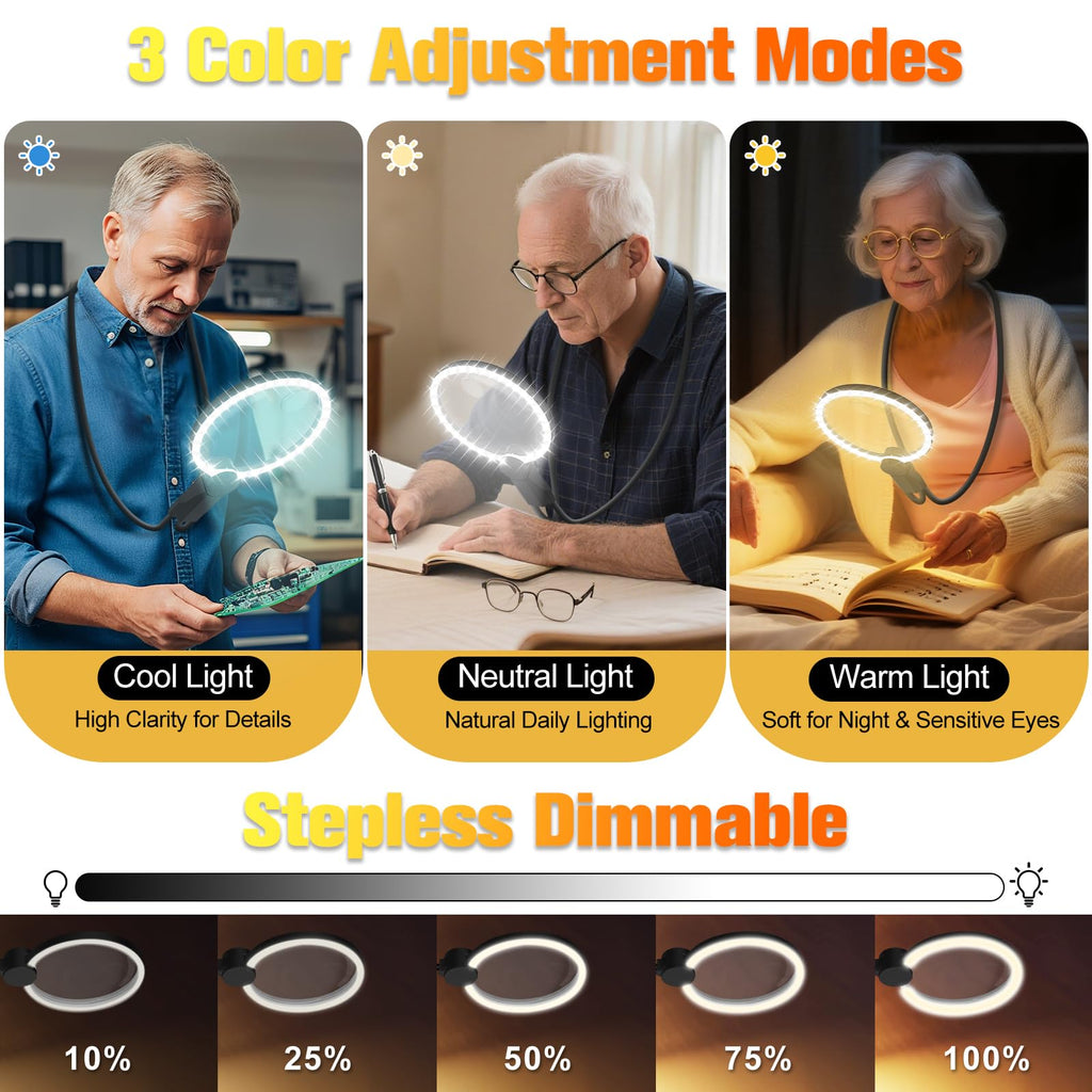 Hands Free Magnifying Glass with Light for Close Work, 5.5 Inch 5X Lighted Magnifying Glass, Neck Wear Magnifier for Reading Books, Sewing, Cross Stitch, Low Vision Seniors with Aging Eyes