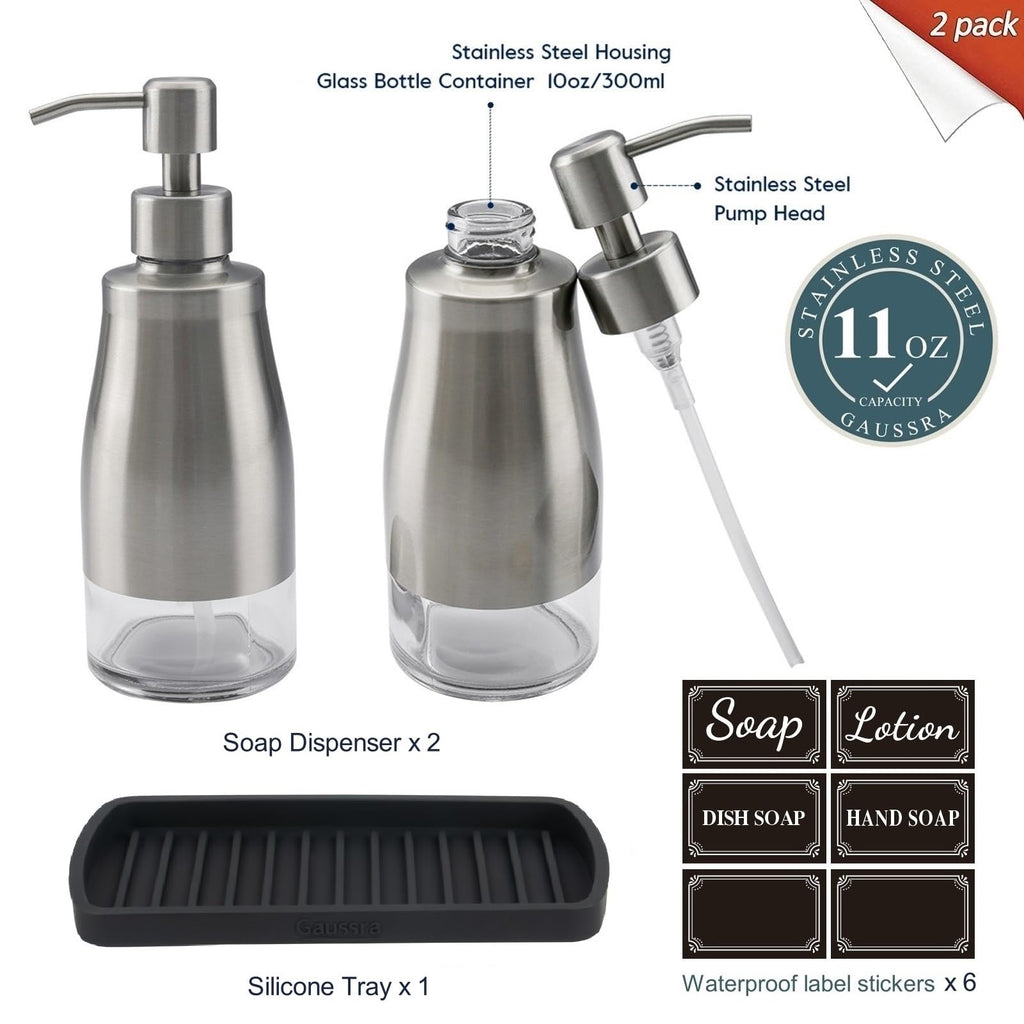 Gaussra Kitchen Soap Dispenser with Silicone Tray & Stickers 11 OZ / 320 ML