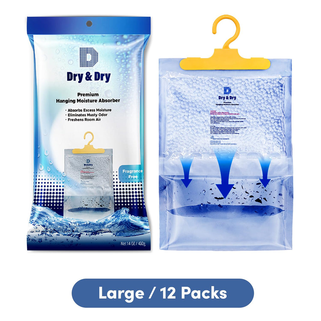 Dry & Dry Premium Moisture Absorbers Dehumidifiers for Home, Basement, Bedroom, Small Dehumidifiers - Blue & White (Pack of 12) 14 ounce