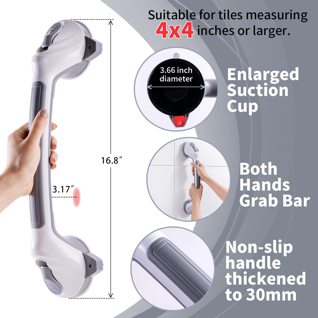LEATALE Shower Grab Bars for Seniors 2 Pack,16.8" Suction Shower Handle with Safety Indicator, No-Drill Bathroom Safety Rails for Elderly, Bathtub & Tile/Glass (Gray)