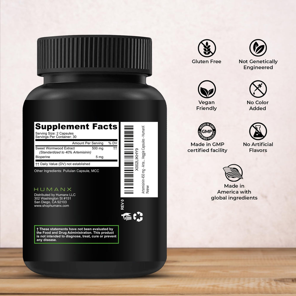 HUMANX Artemisinin 505mg with Bioperine for Greater Absorption - Supports Healthy Aging, Digestion, and Immunity - USA Third Party Tested - Vegan, Non-GMO - Artemisia Annua - Sweet Wormwood Extract