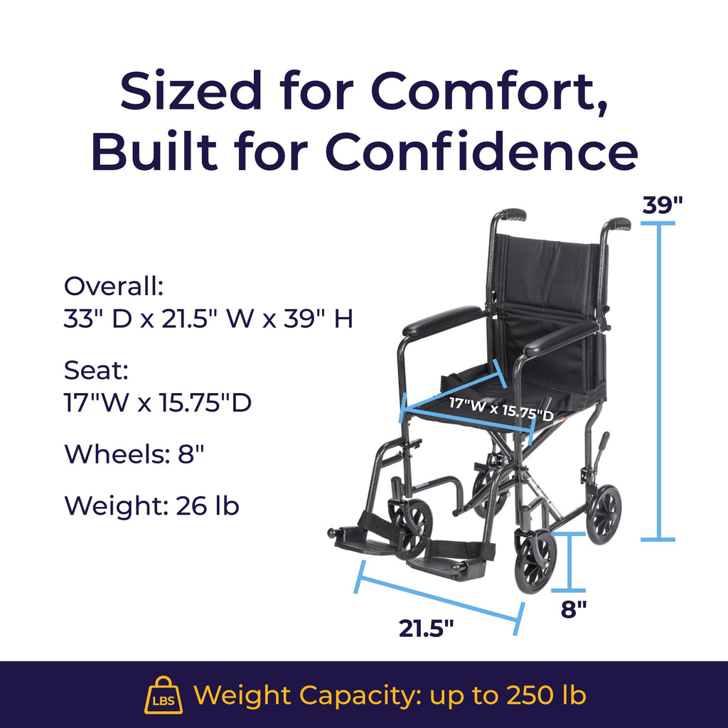 Drive Medical Lightweight Folding Transport Wheelchair - Reliable Mobility Support - Durable Steel Frame - Swing-Away Footrests - Compact Travel Design - Silver